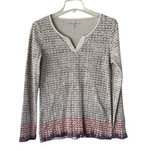 Eddie Bauer Ribbed Split V Neck Long Sleeve Chevron Size M Gradient Colors